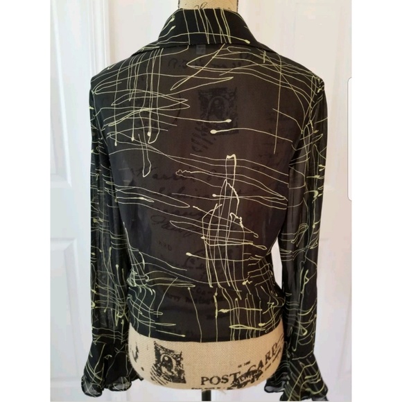 KRAZY LARRY Semi sheer blouse with paint drips,  ruffle cuffs Small - Picture 4 of 8